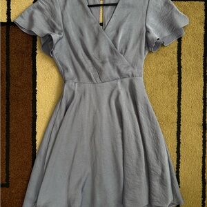 Express Blue Metallic Flutter Sleeve Wrap Dress